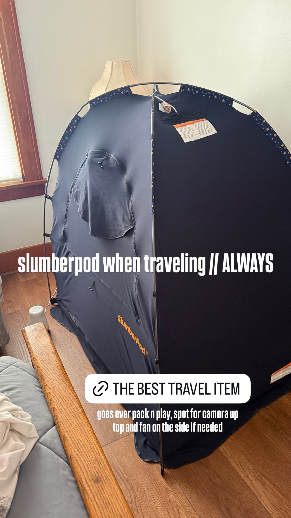 slumberpod when traveling // ALWAYS  @slumberpod  goes over pack n play, spot for camera up top and fan on the side if needed