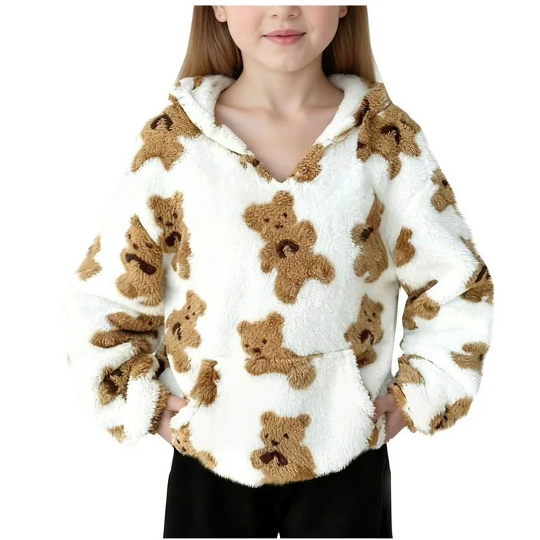 Girls Fuzzy Fleece Oversized Sweatshirts Hoodie Fall Long Sleeve Cute Teddy Bear Hooded Sweatshir... | Walmart (US)