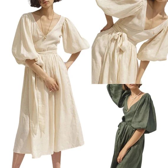Linen Dress V Neck Dress Pleated Dress Puff Sleeve Long - Etsy | Etsy (US)