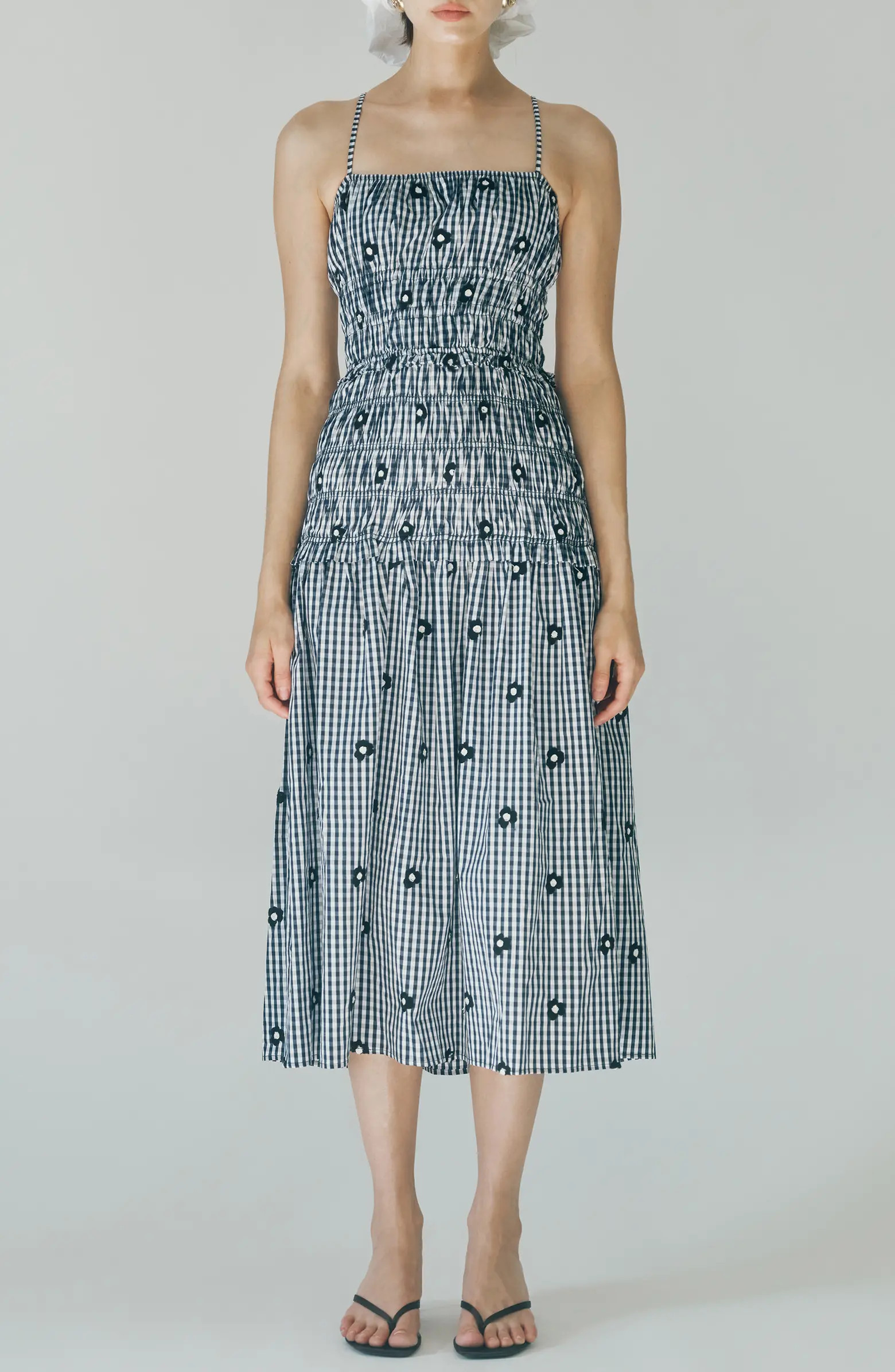 MAUDE CLUB Madison Gingham Floral Embroidered Tiered Smocked Midi Dress | Nordstrom | Nordstrom