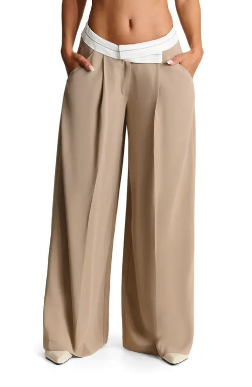 Naked Wardrobe Foldover Waist Wide Leg Trousers in Latte at Nordstrom, Size Medium | Nordstrom