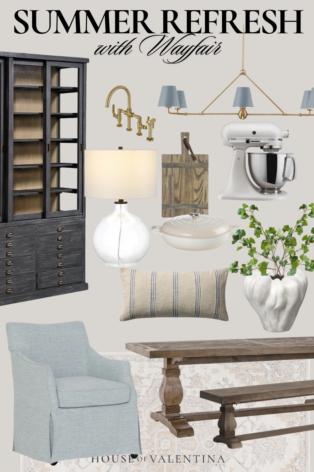 Guys, this summer refresh is calling us straight to the kitchen and dining room! Think dreamy brass fixtures, a statement black hutch, and a gorgeous trestle table just begging for long, lingering meals. Add in a soft blue slipper chair, striped grain sack pillow, sculptural white vase, and all the prettiest cookware (hello, KitchenAid!) for a space that’s equal parts charming, functional, and perfectly summer!

#LTKSeasonal #LTKSaleAlert #LTKHome