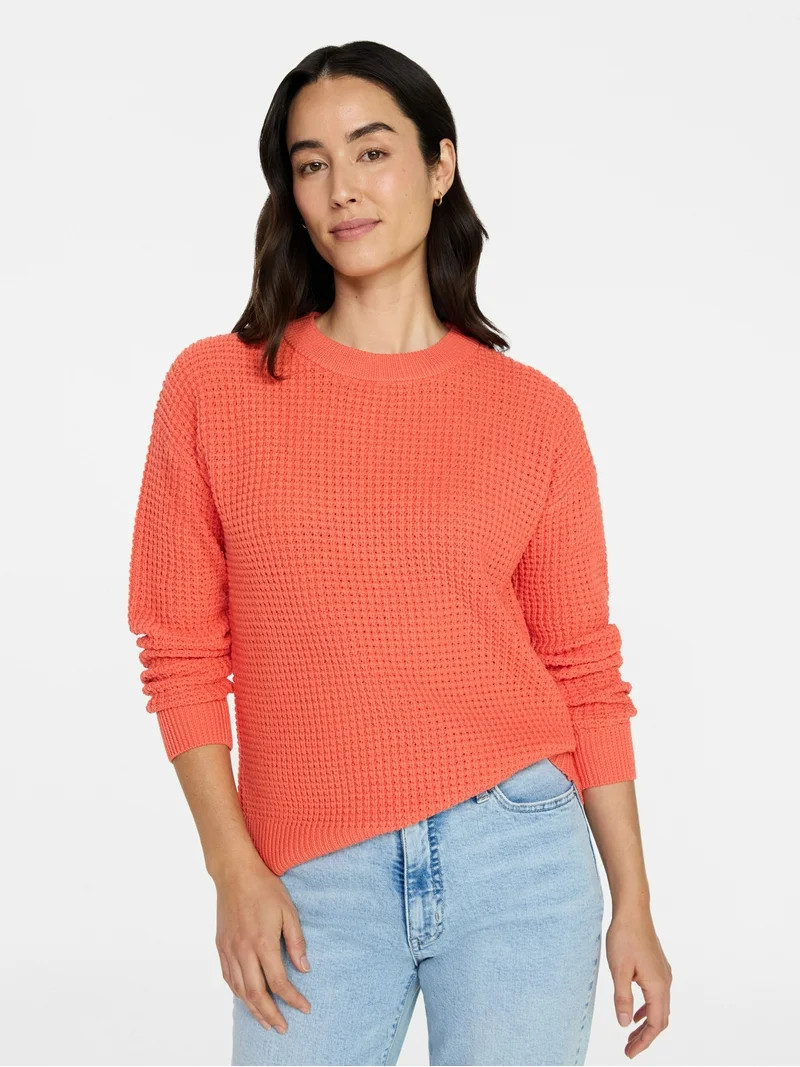 Time and Tru Women's Waffle Stitch Sweater with Long Sleeves, Sizes XS-XXXL | Walmart (US)