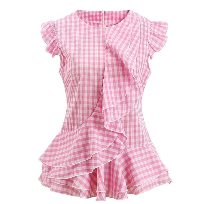 AOMEI Women Sleeveless Plaid Blouses Ruffles Vintage Gingham Peplum Top Shirts | Amazon (US)