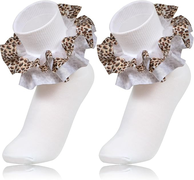 Women's Leopard Ankle Ruffle Socks, Double Organza Lace Frilly Design, Cotton Turn Cuff Crew Sock... | Amazon (US)