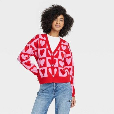 Women's Heart Postage Stamp Graphic Cardigan - Red | Target