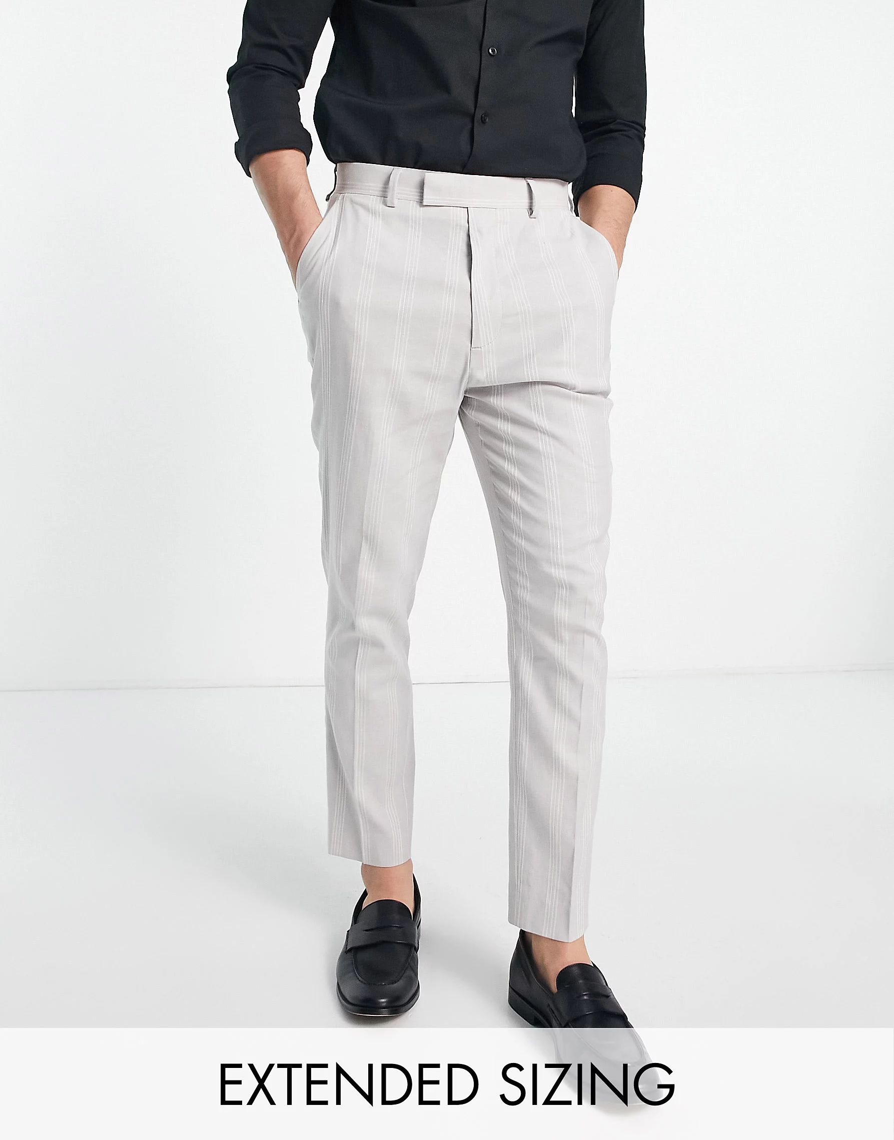 ASOS DESIGN smart linen mix tapered trousers in grey wide stripe | ASOS (Global)