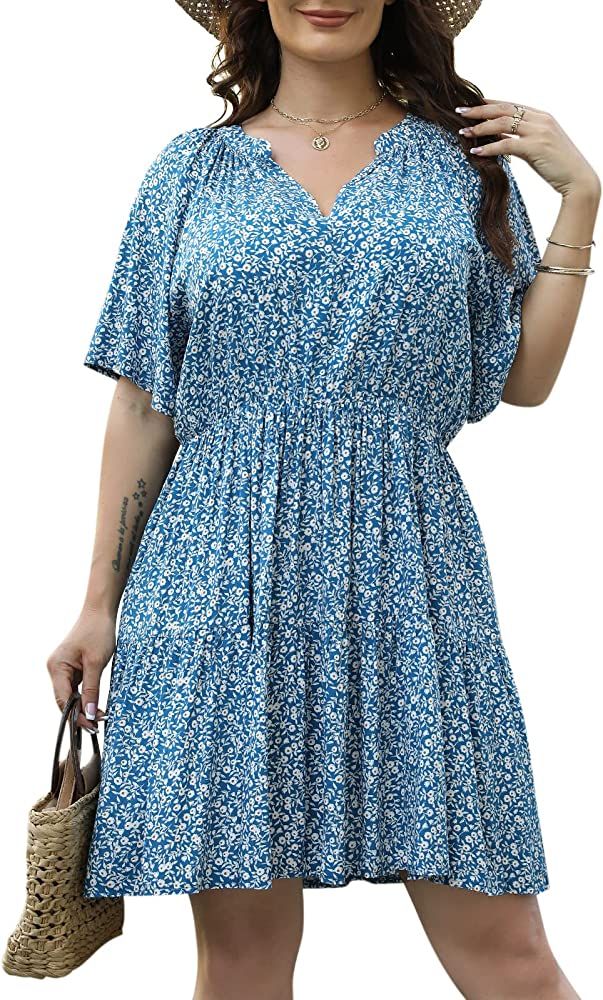 Nemidor Womens Plus Size Floral Print Boho Casual Layered Swing Skater Dress with Pocket NEM299 | Amazon (US)