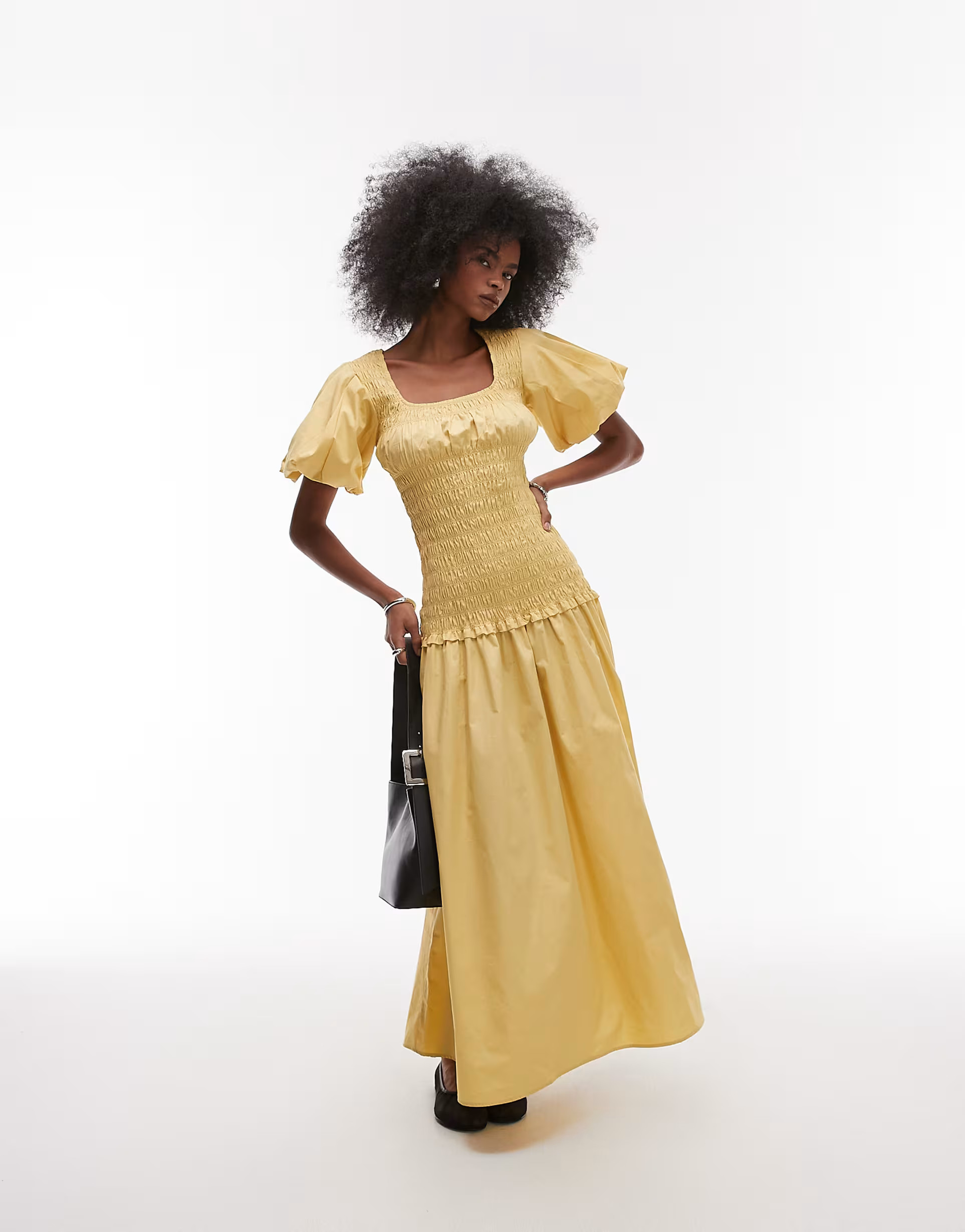 Topshop puff sleeve square neck shirred maxi dress in buttermilk | ASOS | ASOS (Global)