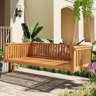 Twin Size Swing Bed 2-Person Frame Teak Color Acacia Wood Porch Swing with Ropes and Safe Sloped Design | The Home Depot