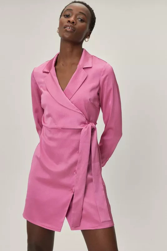 Hammered Satin Button Detail Wrap Mini Dress | Nasty Gal (US)