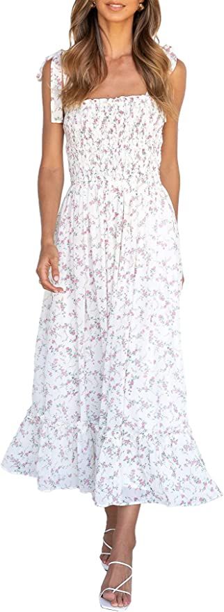 Goranbon Women's Summer Floral Maxi Dress Tie Strap Smocked Flowy Beach Dresses | Amazon (US)