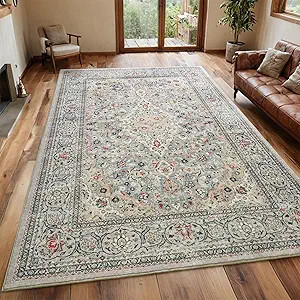 Washable Rug 5x7, Beige Area Rugs Non Slip, Indoor Low Pile Carpet with Rubber Backing for Living... | Amazon (US)