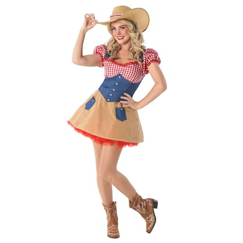 fun shack Women's Cowboy Costume Denim Dress Hat Halloween Cowgirl Outfit Western Medium | Amazon (US)