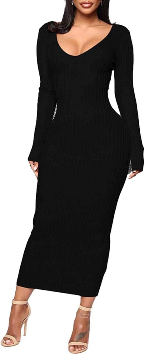 Cinyifaan Women's Casual Off Shoulder Long Sleeves Slim Knit Bodycon Sweater Dress Midi Pencil Dress | Amazon (US)