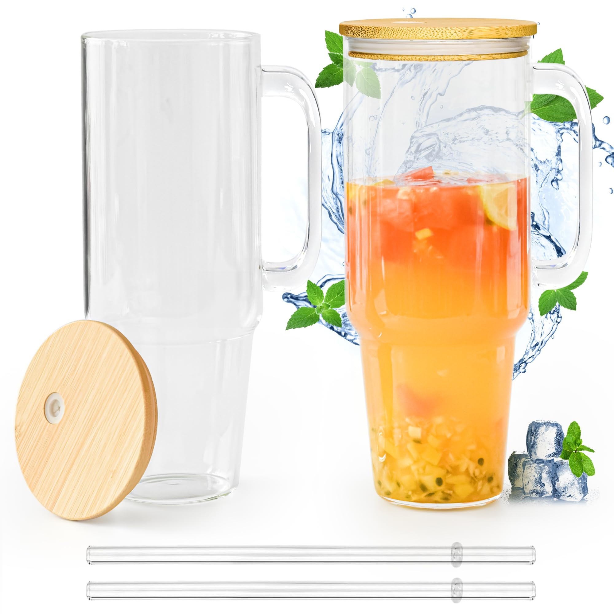 40 oz Glass Tumbler with Handle 2 Pack Glass Cups with Lids and Straws Wide Mouth Iced Coffee Cups for Smoothie, Cocktail Beer, Soda, Fruit Juice, BPA Free with Bamboo Lids | Amazon (US)
