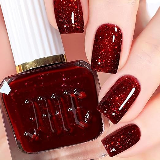 Glitter Nail Polish - Wine Red Glitter Nail Varnish - Quick Dry Nail Polish - Burgundy Glitter Re... | Amazon (UK)