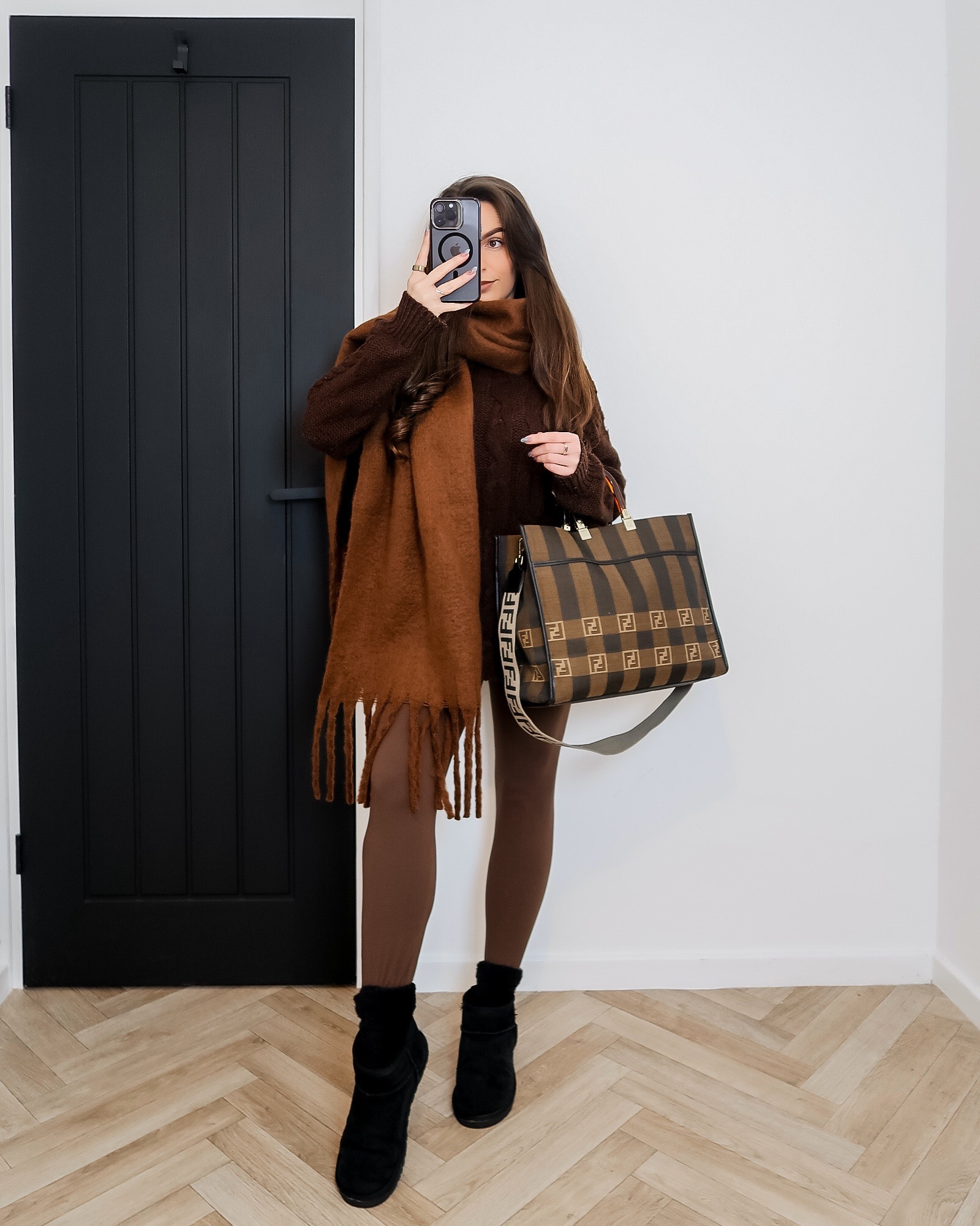 brown leggings outfit, brown cable knit jumper, longline knit jumper, oversized chunky knit scarf, tonal brown outfit, chocolate brown layers, cosy work from home outfit, running errands outfit, warm neutral outfit, Fendi Sunshine tote outfit, mini Ugg boots outfit, black fluffy socks, quiet luxury casual, elevated loungewear, capsule wardrobe neutrals 

#LTKeurope #LTKwinter #LTKuk