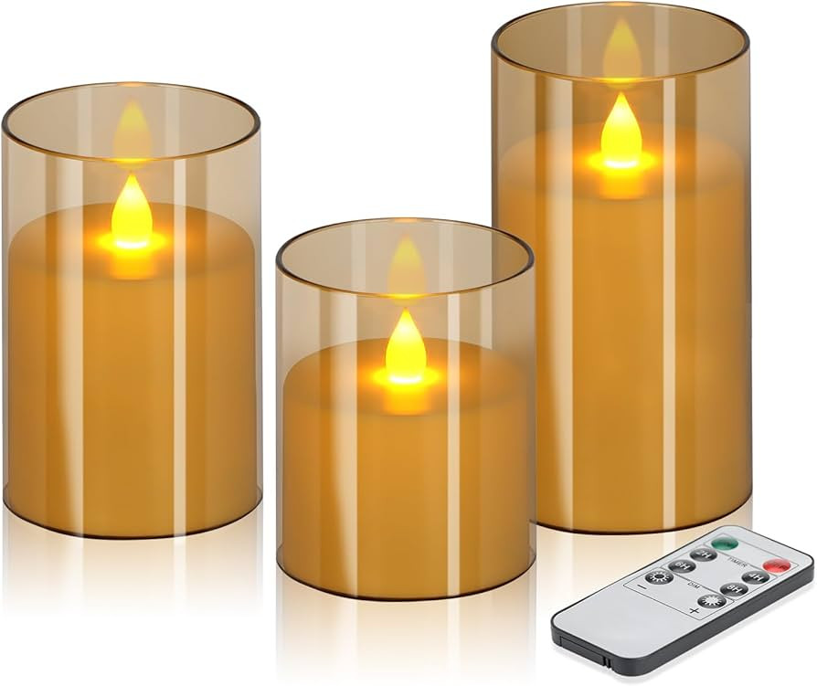 Flameless Candles 4" 5" 6" Set of 3 Acrylic Glass Pillars 3" Diameter Battery Operated Flickering... | Amazon (US)