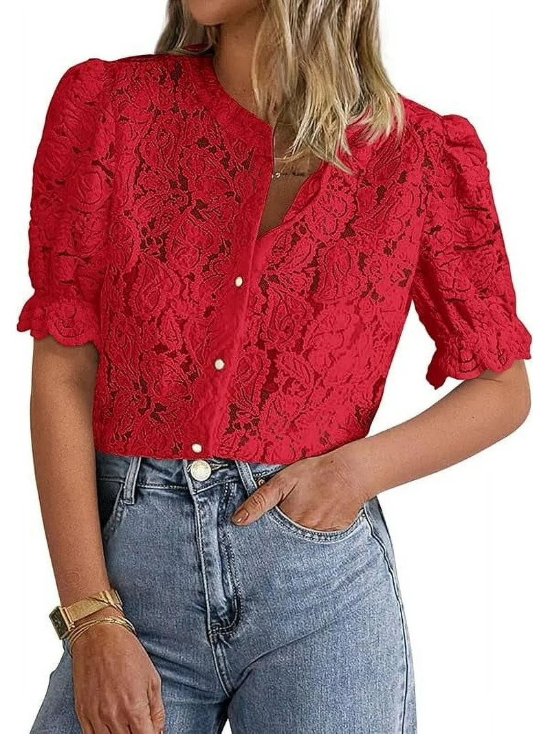 PRETTYGARDEN Womens Summer Lace Tops Short Puff Sleeve Casual Dressy Blouses Eyelet Crew Neck But... | Walmart (US)