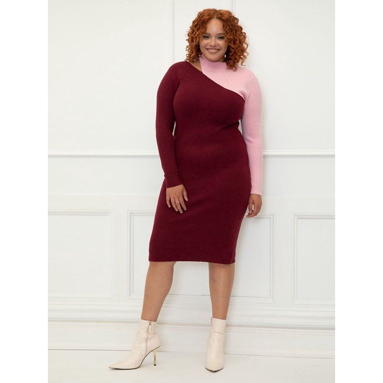ELOQUII Elements Women's Plus Size Colorblocked Sweater Dress with Cutout | Walmart (US)