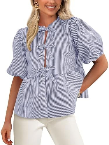 PRETTYGARDEN Women's Tie Front Striped Shirt 2026 Summer Trendy Fashion Cute Babydoll Tops Peplum... | Amazon (US)