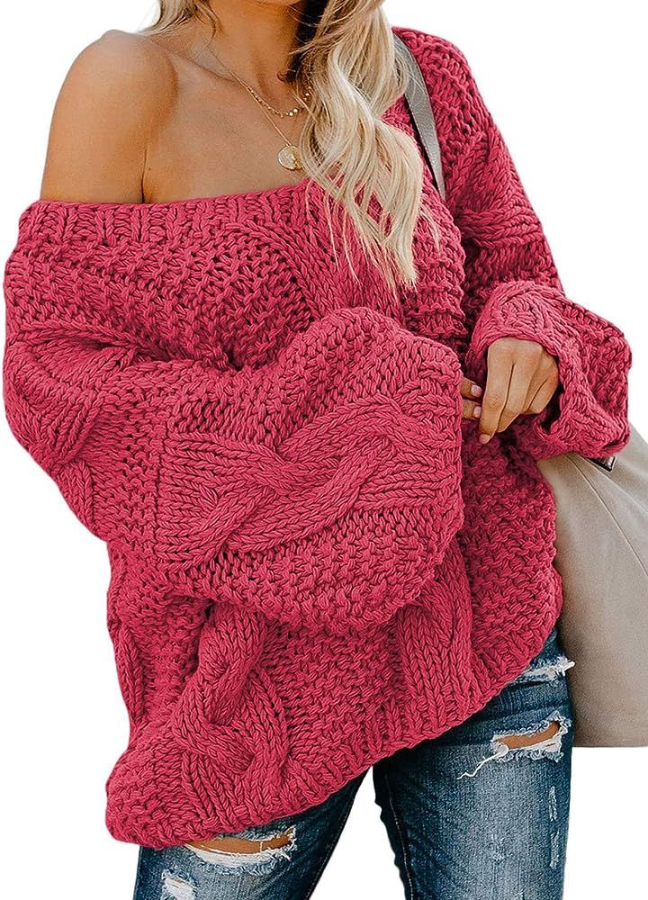 Astylish Women Sexy Long Sleeve Off Shoulder Loose Cable Knit Pullover Sweater | Amazon (US)