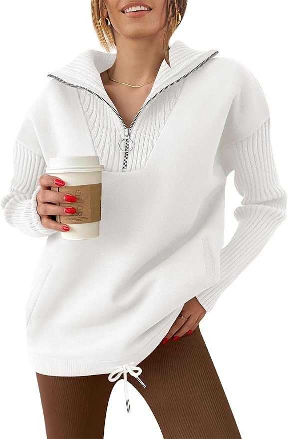 ANRABESS Women's 2023 Fall Sweater Quarter Zip Pullover Collared V Neck Long Sleeve Ribbed Knit C... | Amazon (US)