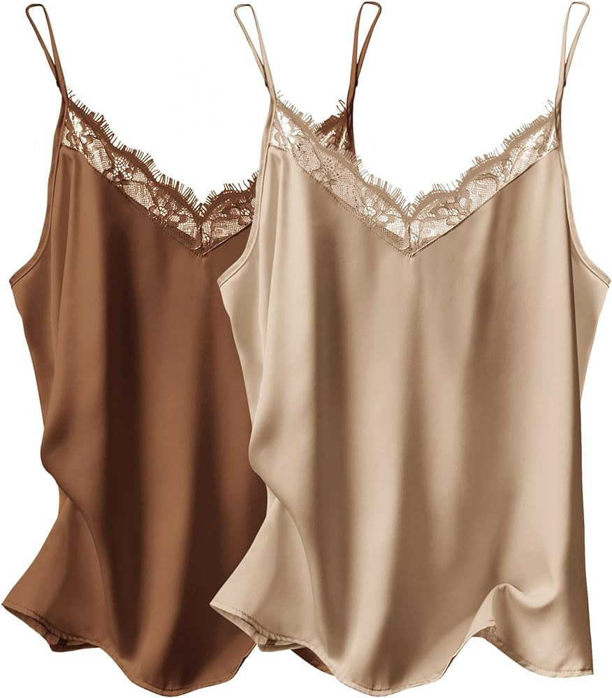 Ekouaer Women's 2 PCS Silk Satin Tank Top Lace Cami Spaghetti Strap Top V Neck Camisoles | Amazon (US)