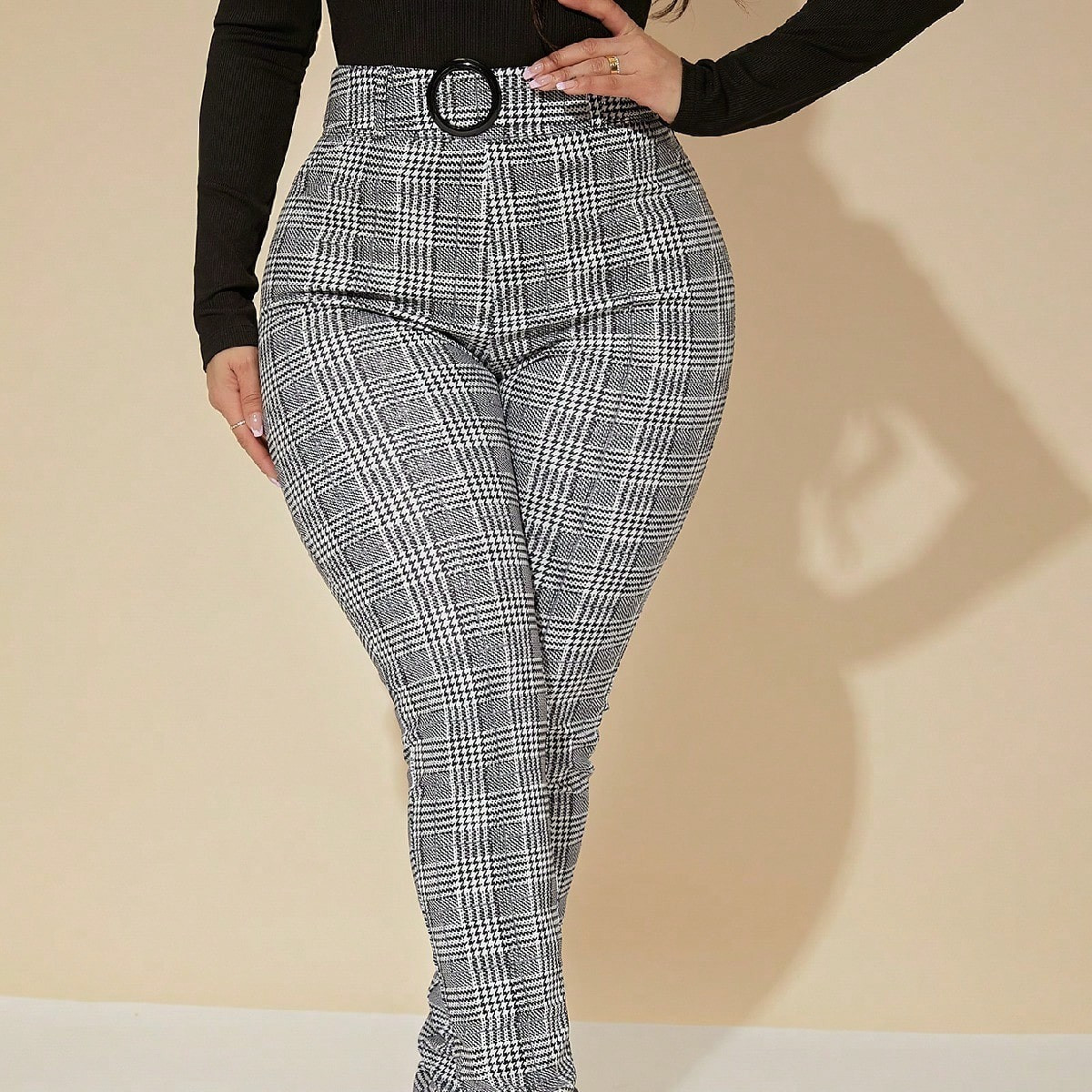 SHEIN SXY Plus Size Women's Houndstooth Pattern Slim Fit Versatile Suit Pants | SHEIN