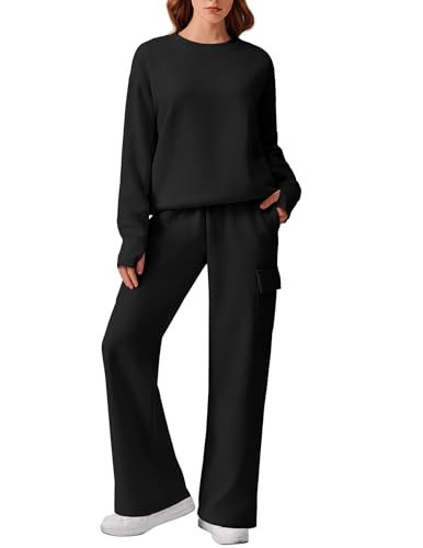PINSPARK Two Piece Sets Women Fleece Sweatsuits 2024 Fall Oversized Tracksuits Cozy Thumb hole Sweatshirts Wide Leg Sweatpants with Pockets Comfy Lounge Sets Loose Matching Set, Black Small | Amazon (US)
