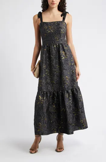 Tiered Floral Brocade Tie Strap Maxi Dress | Nordstrom