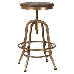Charlie Industrial Loft Reclaimed Round Pine Seat Brass Counter Stool | Kathy Kuo Home