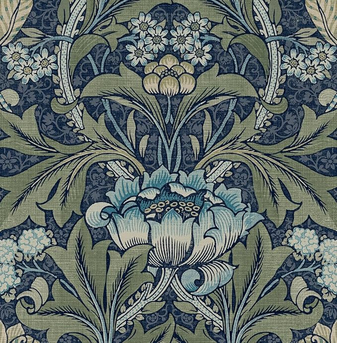 Acanthus Floral Vintage Prepasted Wallpaper (Denim & Sage) | Amazon (US)