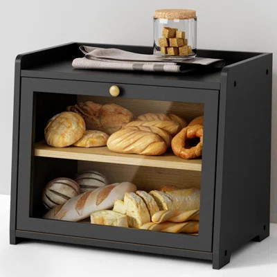 Black Bread Box For Kitchen Countertop, Large Bread Storage Container For Homemade Bread, Wood Farmhouse Breadbox Organizer (Black) | Wayfair North America
