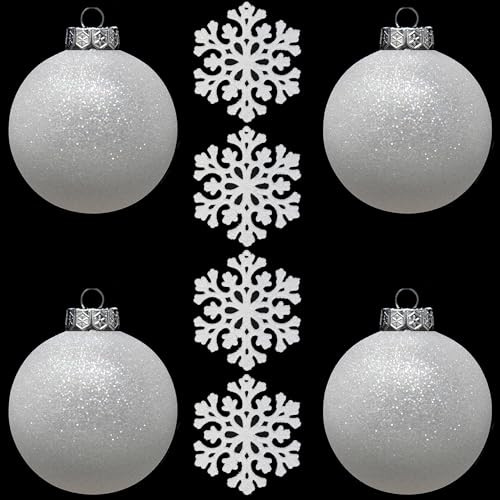 SLEETLY 8pc Large White Ball Ornaments for Christmas Trees Holiday Xmas Decorations - Big Shatterproof Plastic 4.72 inch Glitter Snow Balls with White Ribbon Hangers and Snowflakes Set | Amazon (US)