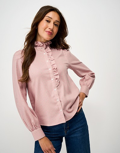 Harmony Frill Flannel Blouse in Pink Gingham | Crew Clothing (UK)