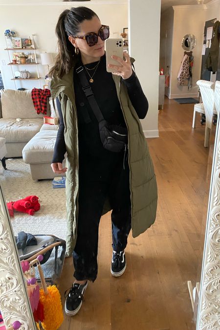 Cool mom errand outfit 👌🏼 oversized long vest, bum bag, super lightweight black overalls perfect for spring, slip on vans sneakers and gold jewelry with oversized sunnies from Amazon. #mom #momstyle

#LTKunder50 #LTKshoecrush