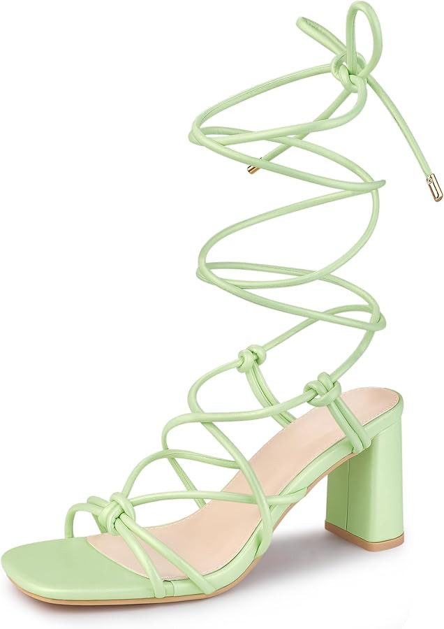 Perphy Strappy Heels Knots Square Toe Block Heel Lace Up Sandals for Women | Amazon (US)