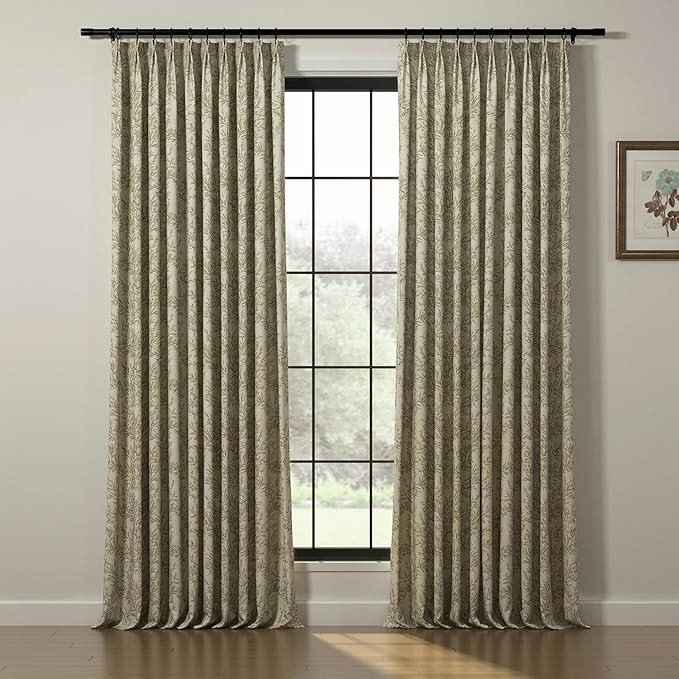 TWOPAGES 52W x 90L Inches Pinch Pleat Curtain for Traverse Rod Leaves Pattern Light Filtering Pri... | Amazon (US)