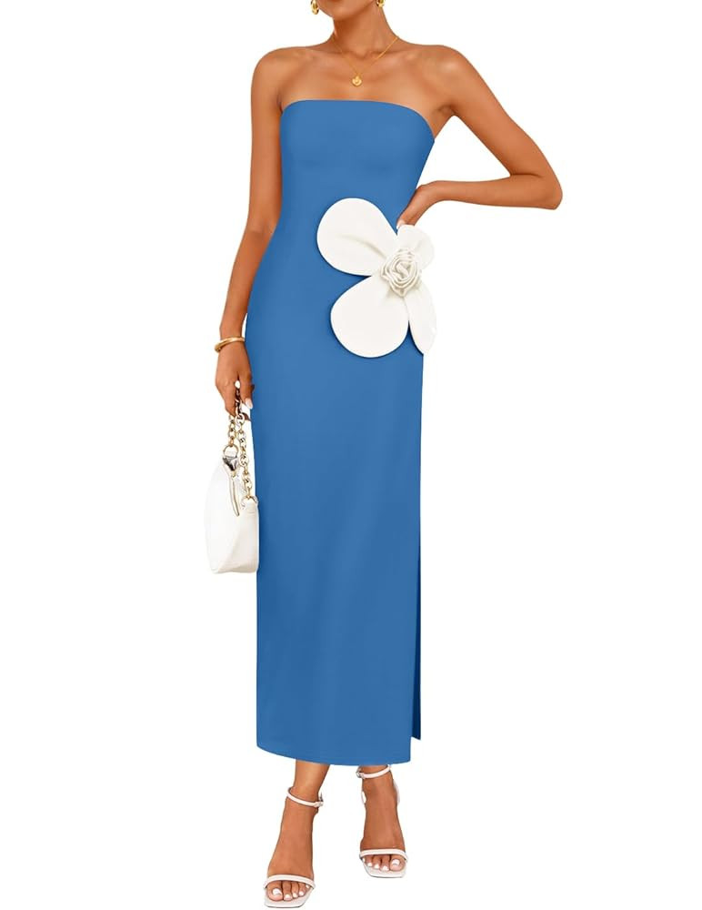 ZESICA Women's Summer Strapless Bodycon Maxi Dress 2025 Ribbed Knit Backless Floral Tube Cocktail... | Amazon (US)