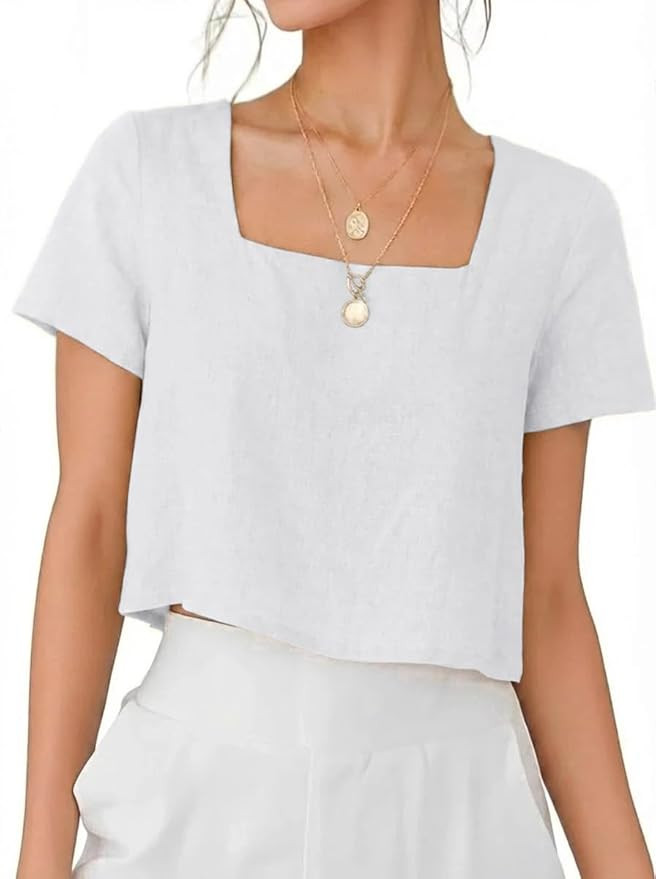 IDEALSANXUN Womens Square Neck Linen Shirts Spring Summer Short Sleeve Crop Blouse Tops | Amazon (US)