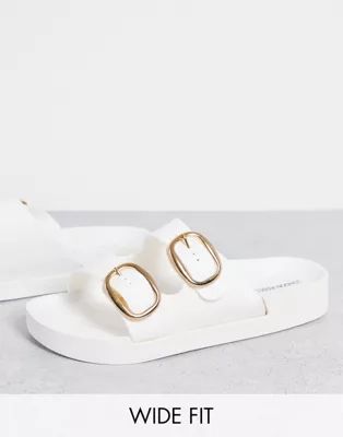 London Rebel wide fit double buckle footbed sandals in white | ASOS (Global)