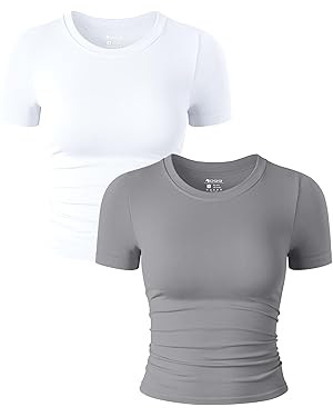 OQQ Womens 2 Piece Shirts Short Sleeve Crew Neck Ruched Stretch Fitted Tee Shirts Crop Tops | Amazon (US)
