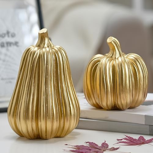 FESTGLOX Gold Pumpkin Decor with Stripes, 2Pcs Resin Pumpkins for Decorating, Decorative Pumpkins for Fall Tabletop Decoration, Indoor Home, Autumn Kitchen, Thanksgiving Mantel Decor | Amazon (US)