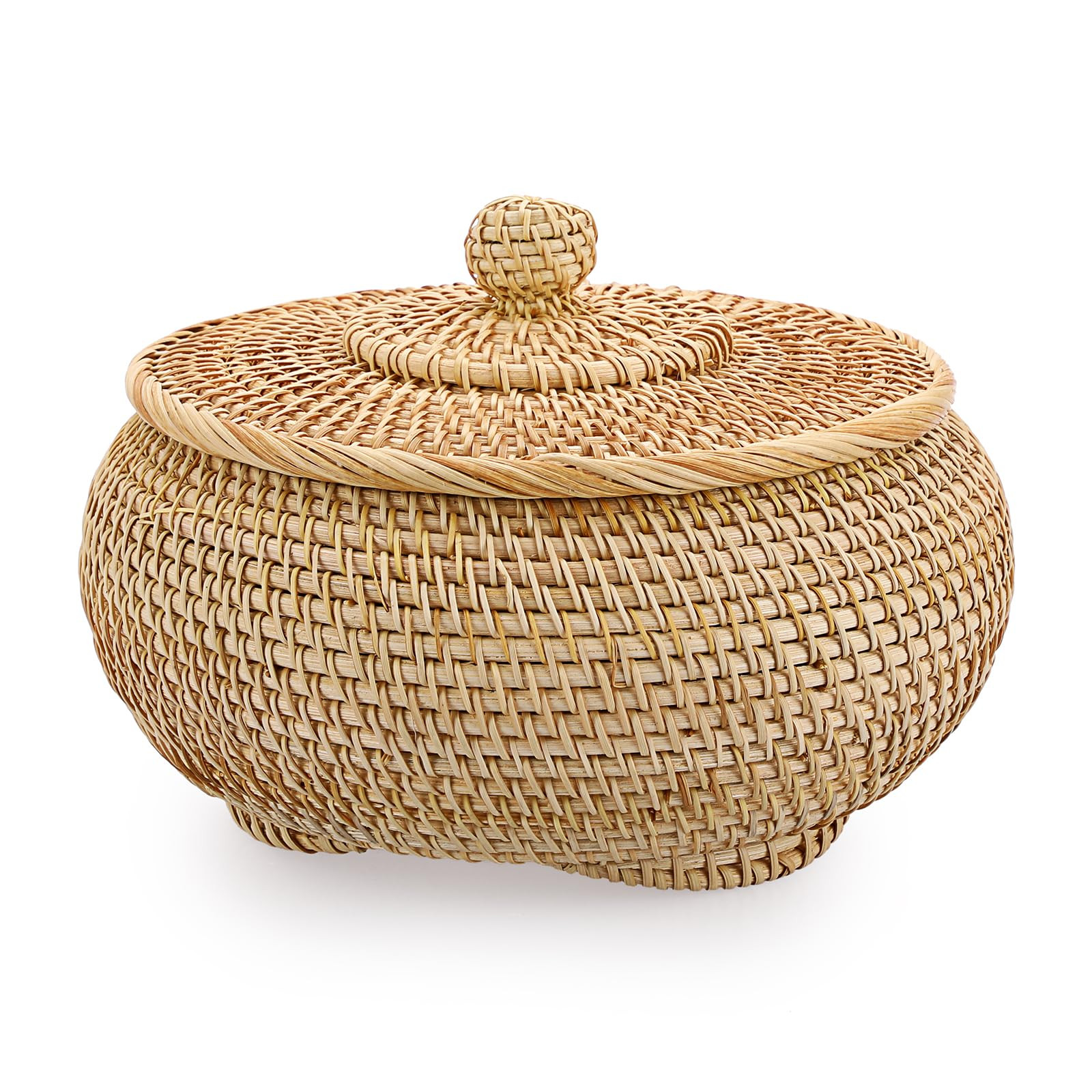 Hipiwe Round Rattan Basket Box with Lid Hand-Woven Wicker Basket Bin Tray Multi-Purpose Picnic Fo... | Amazon (US)
