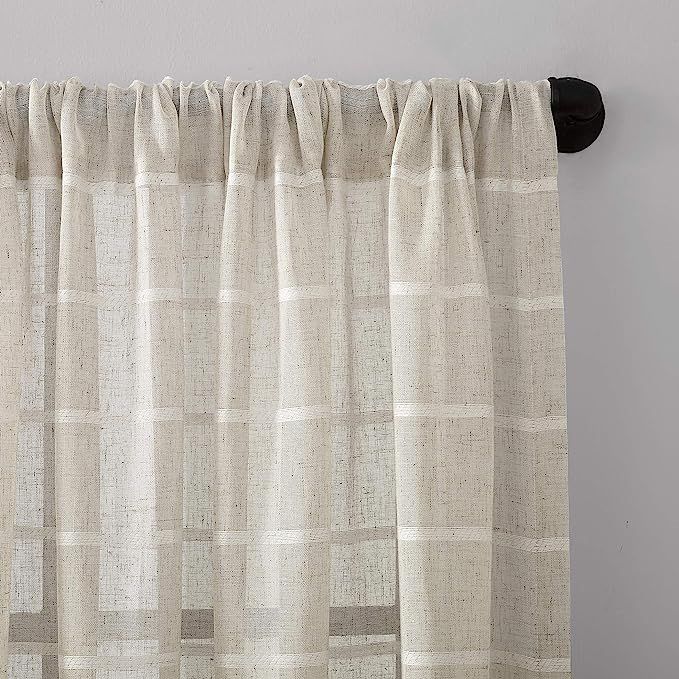 Clean Window Twill Stripe Allergy/Pet Friendly Anti-Dust Sheer Curtain Panel, 52" x 84", White/Li... | Amazon (US)