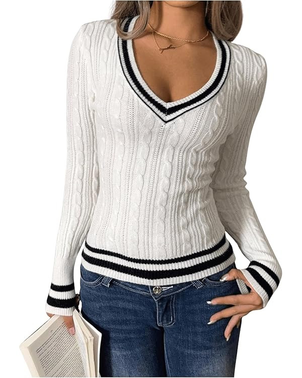 Women's Striped Cable Knit Preppy Sweater Tops V Neck Long Sleeve Pullovers Slim Fit Knitwear | Amazon (US)