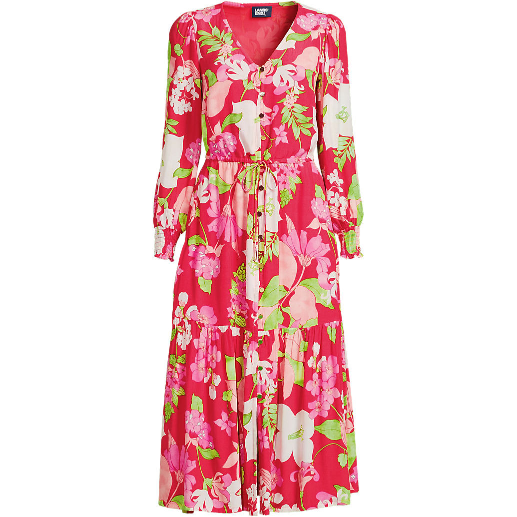 Women's Crepe Button Front Long Sleeve Midi Dress | Lands' End (US)