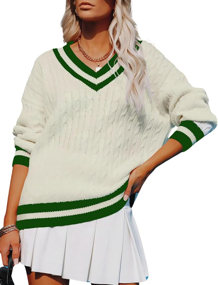 InterNos Women's Casual V Neck Long Sleeve Sweater Trendy Striped Pullover Cable Knit Preppy Swea... | Amazon (US)
